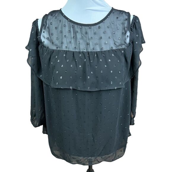 Old Navy Top Cold Shoulder Black Sheer Neck Layered Lined Ruffles Medium - Picture 1 of 16